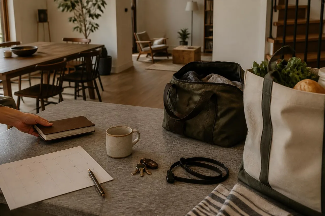 A lived-in home with a calendar, bags, groceries, keys and coffee ready for the day